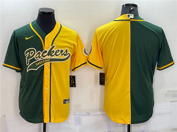 Men's Green Bay Packers Blank Green/Yellow Split With Patch Cool Base Stitched Baseball Jersey